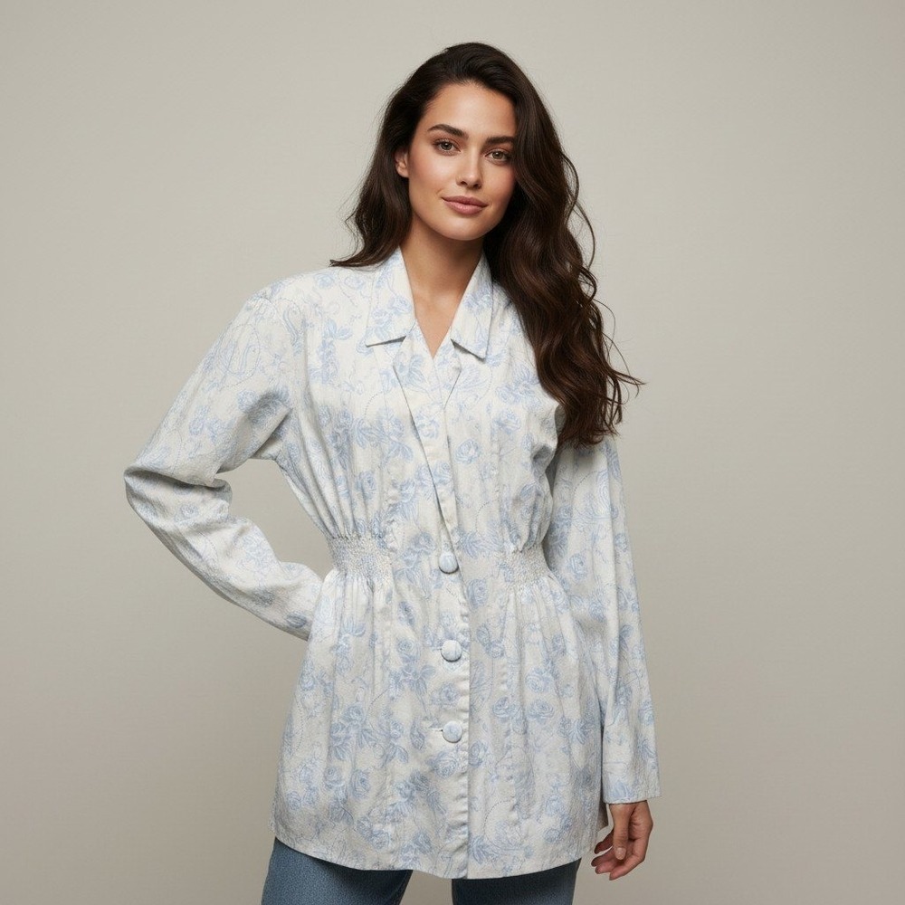 For Love & Lemons Light Blue Floral Toile Smocked Waist Jacket Womens Size XL